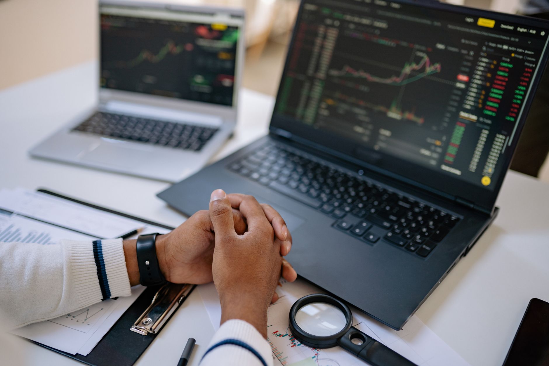 professional using computer to research business